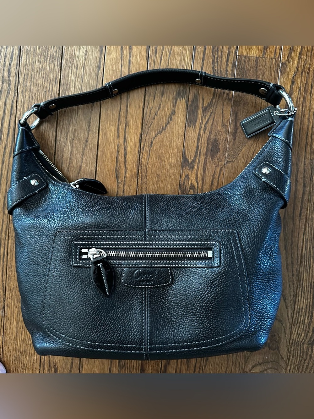 COACH Black Pebbled Leather Hobo handbag with silver hardware